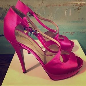 YSL Satin Jewel detail Fuchsia Pumps